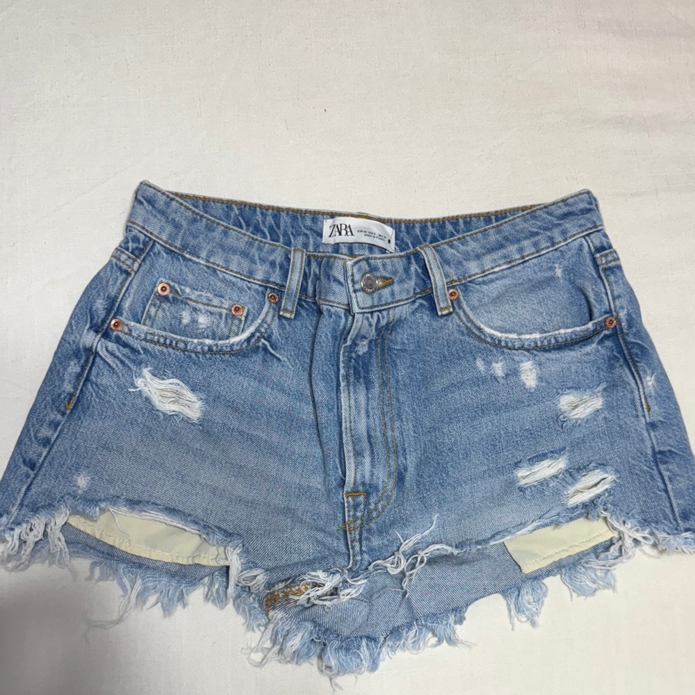 Zara Light Blue Distressed Denim Shorts